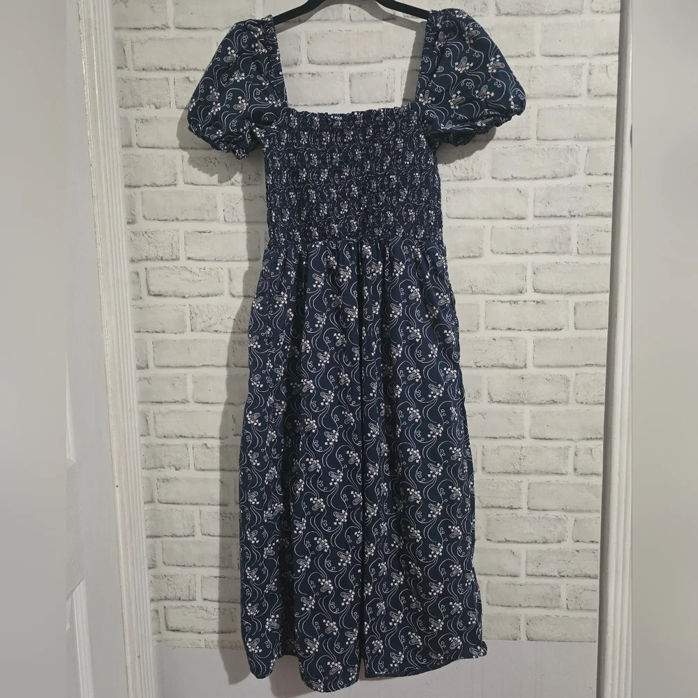 J. Crew Short Sleeve Smocked‎ Dress Navy Starry Swirl Size S